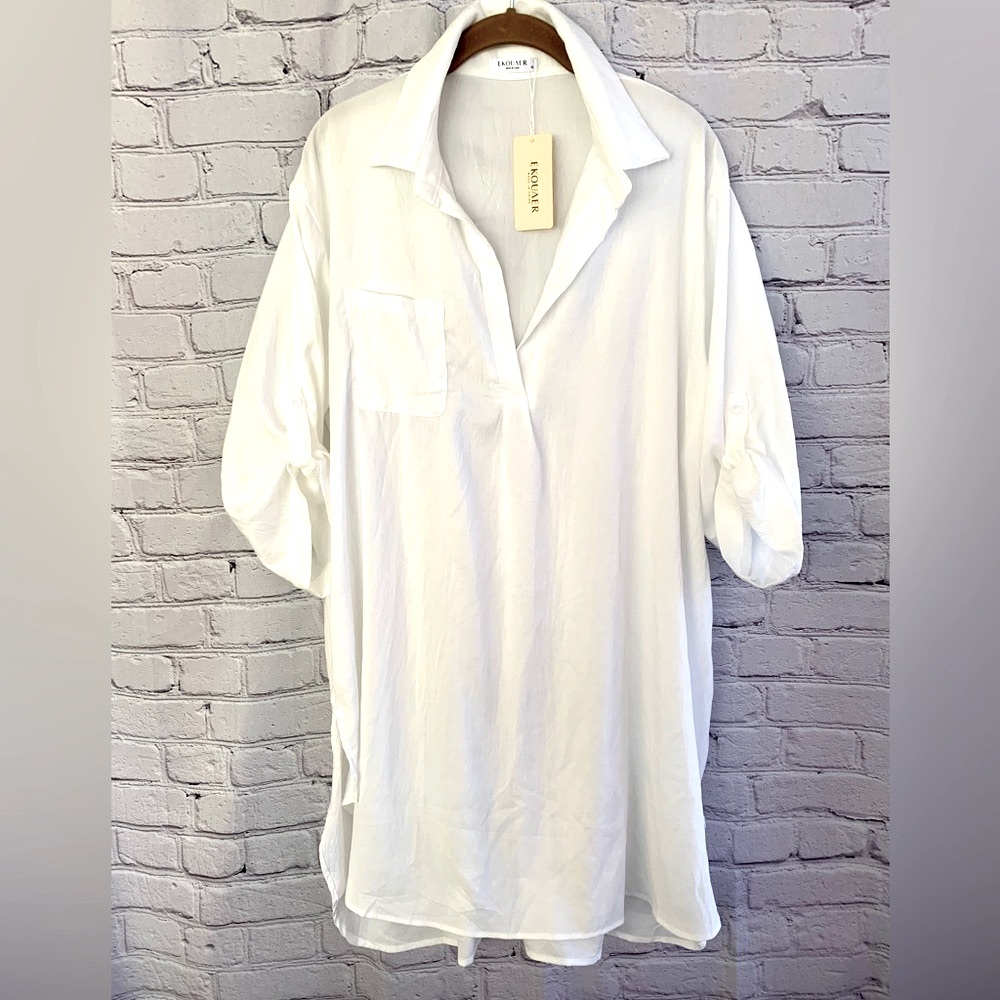 Ekouaer WhiteTunic Oversized Top V-neck Roll Tab Sleeves Size XL